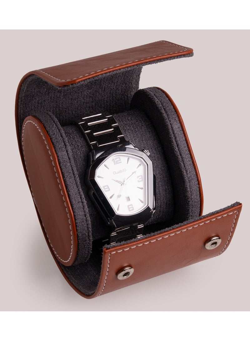 Clasico Luxury Heavy-Duty Leather Single Watch Travel Case Brown – Premium Watch Roll with Suede Interior, Secure Clip Lock & Cushioned Protection for Luxury Watches - Image 3